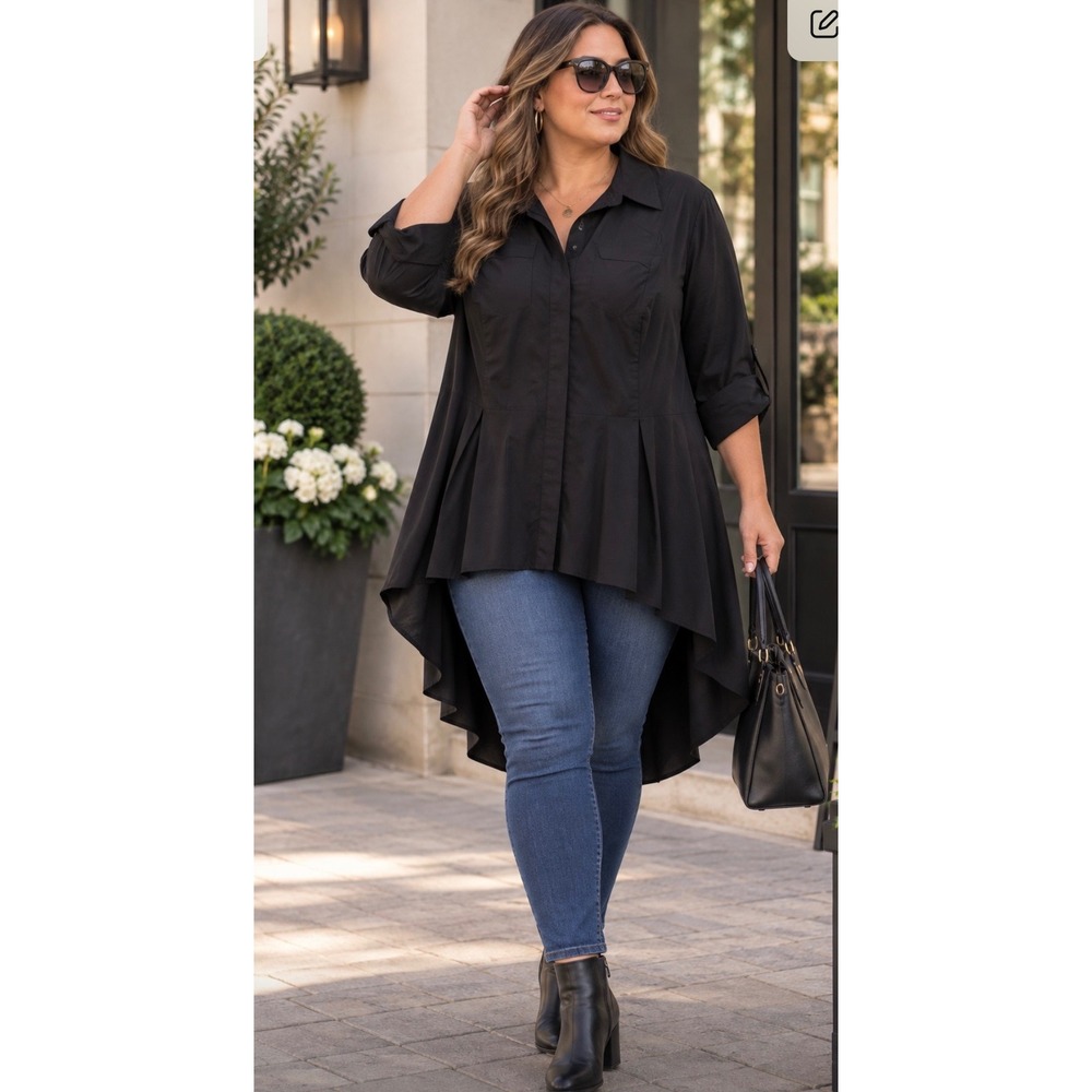 Lane Bryant NWT Black Extreme High Low Peplum Button Front Tunic Top Size 20